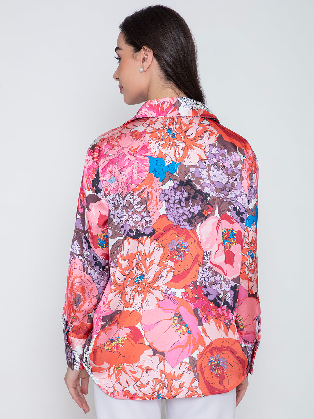 Back view of pink and orange floral satin shirt