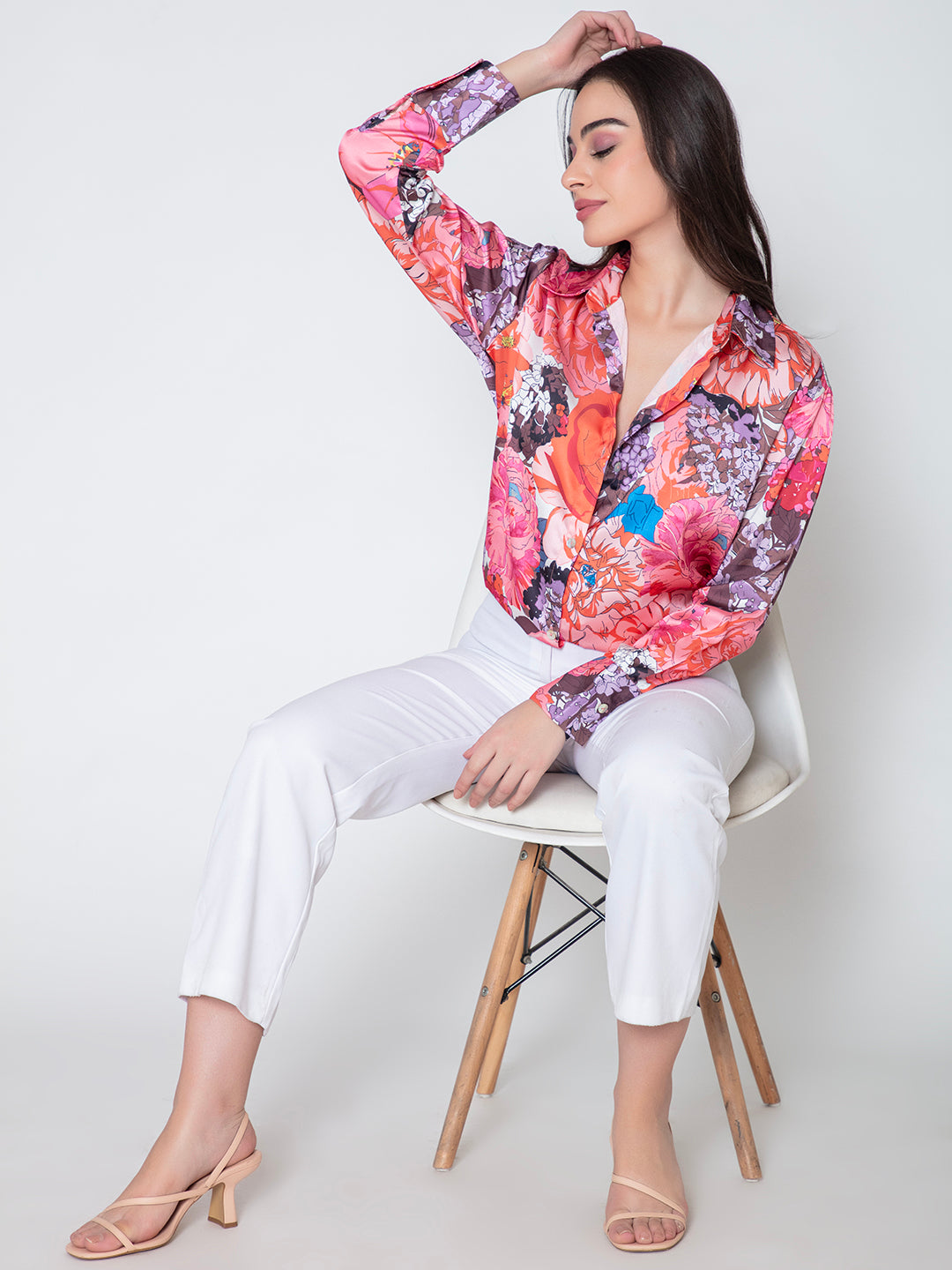 Pink and orange floral satin shirt full outfit shot