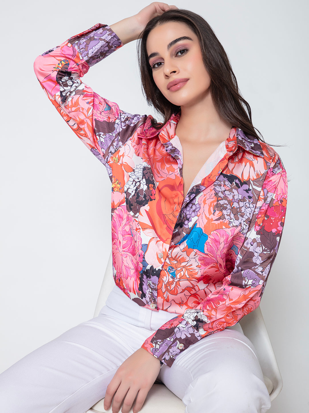 Front view of pink and orange floral satin shirt