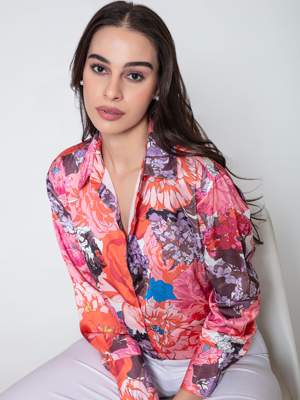 Pink and orange floral print satin shirt close-up of fabric