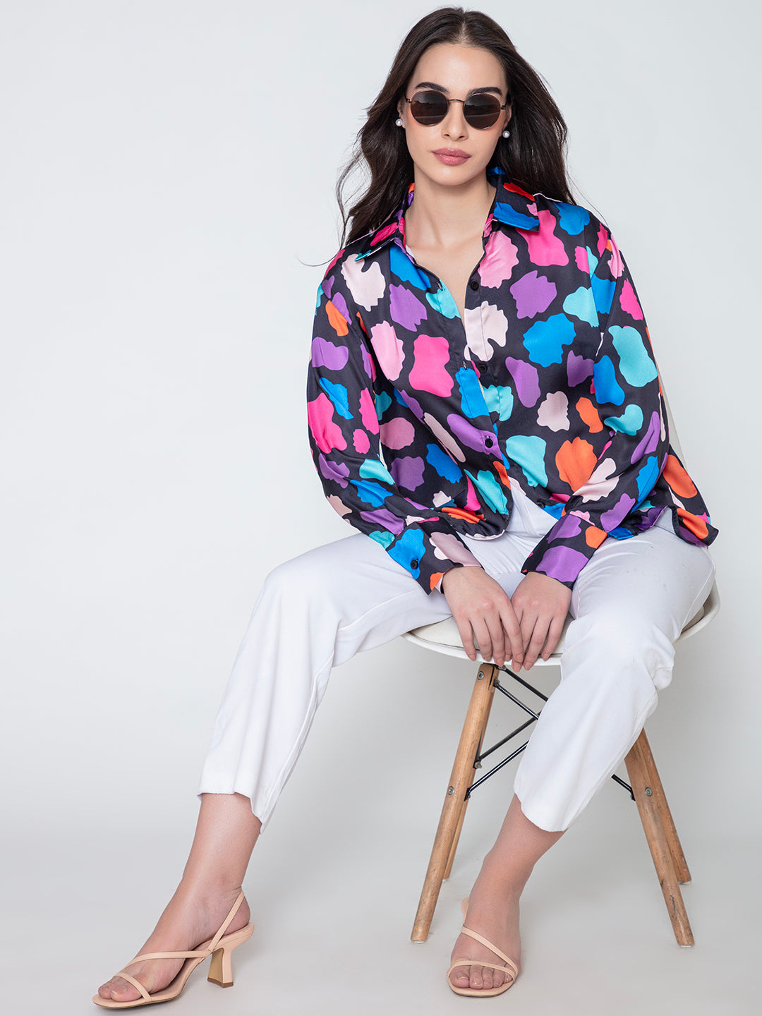 Buttoned cuff detail on satin relaxed shirt
