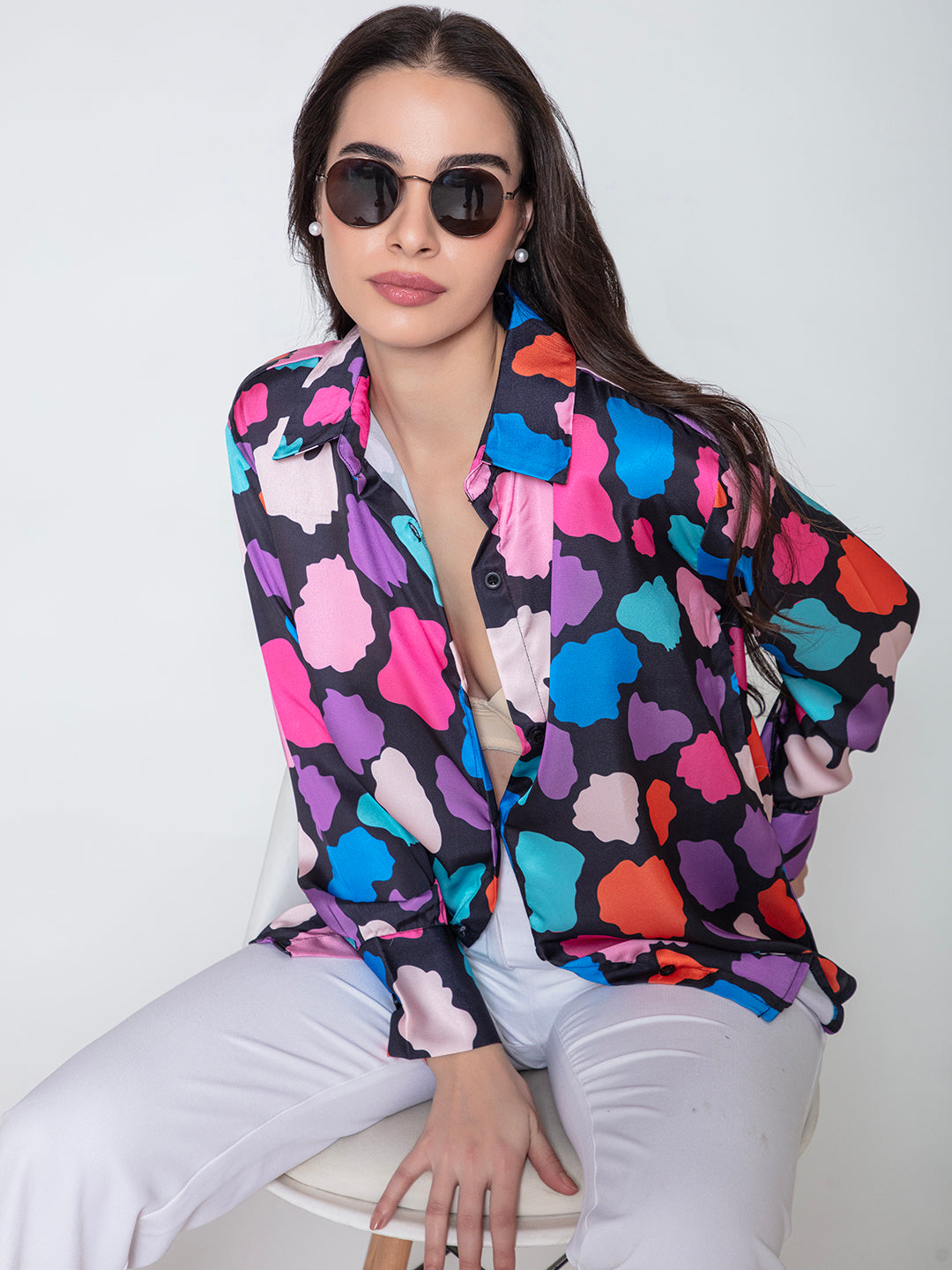 Front view of multi color print satin relaxed shirt for women