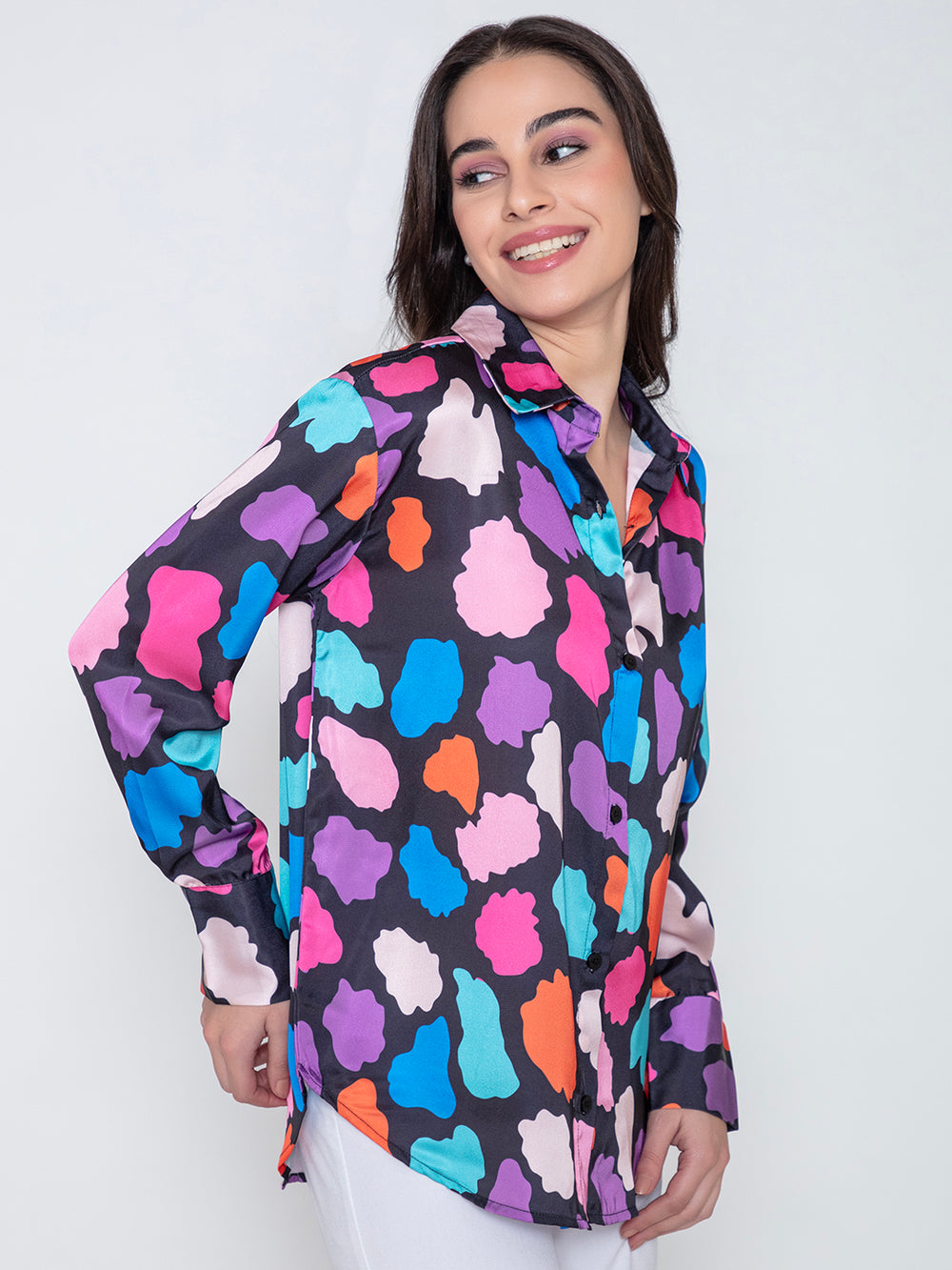Side view of multi-print satin shirt with spread collar