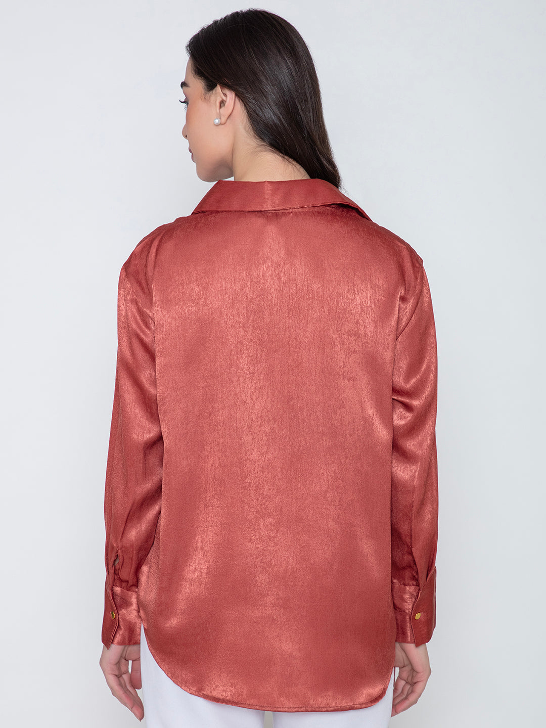 Back view of maroon satin relaxed shirt