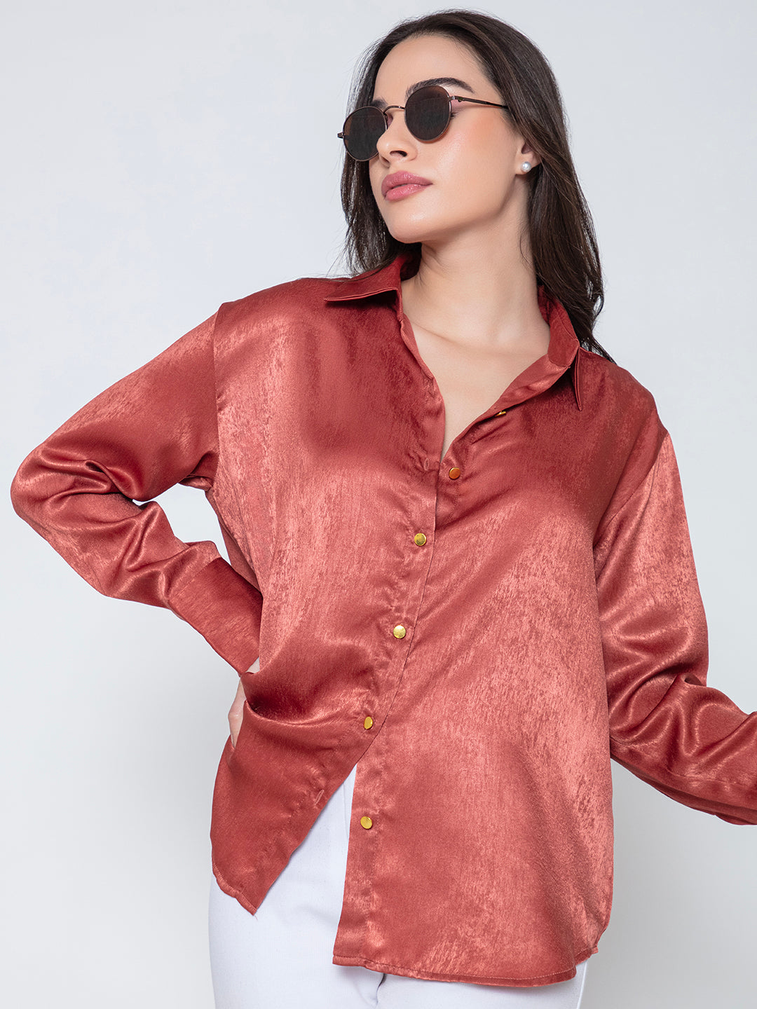 Front view of maroon satin relaxed shirt for women