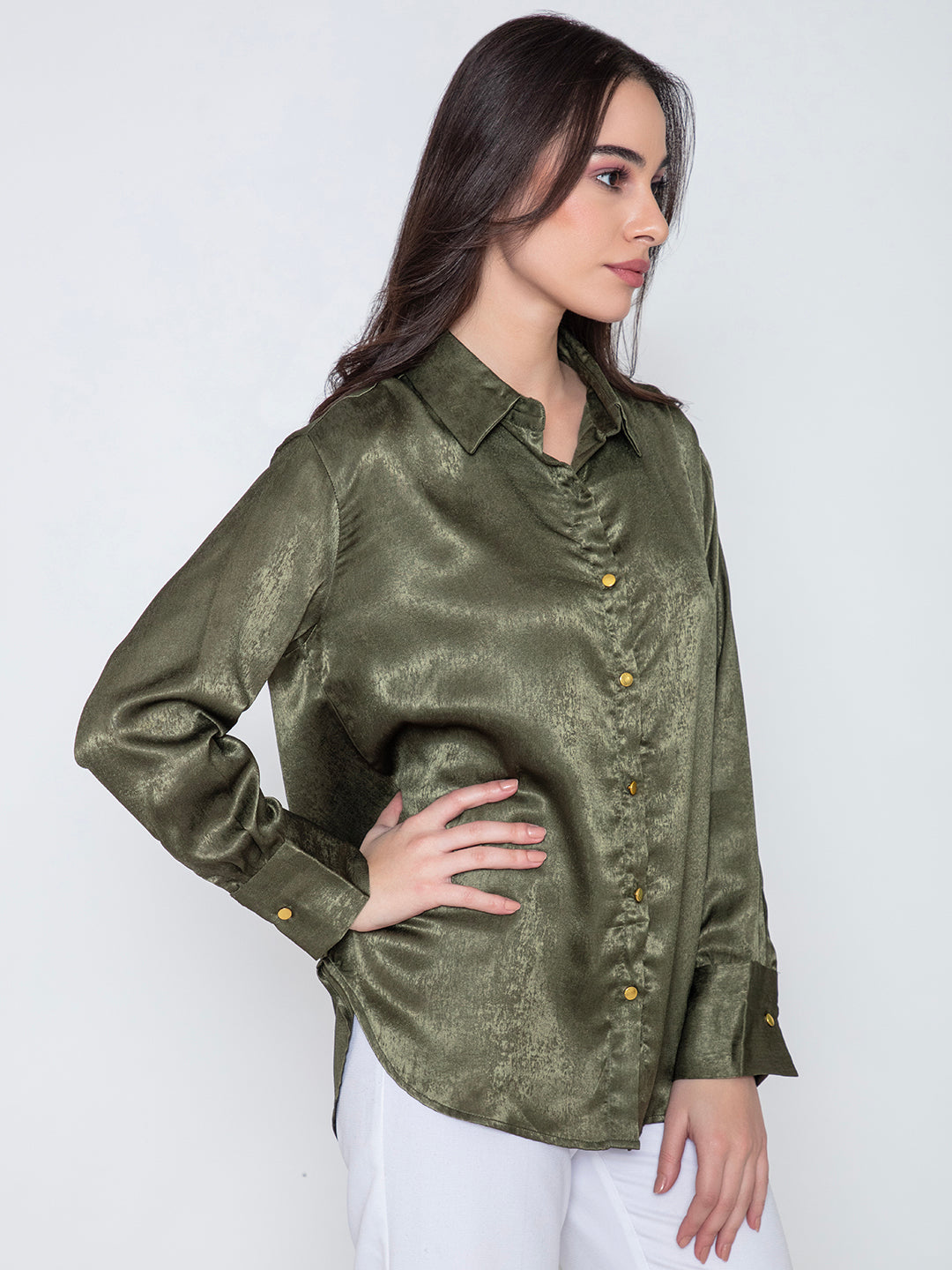 Back view of green satin relaxed shirt