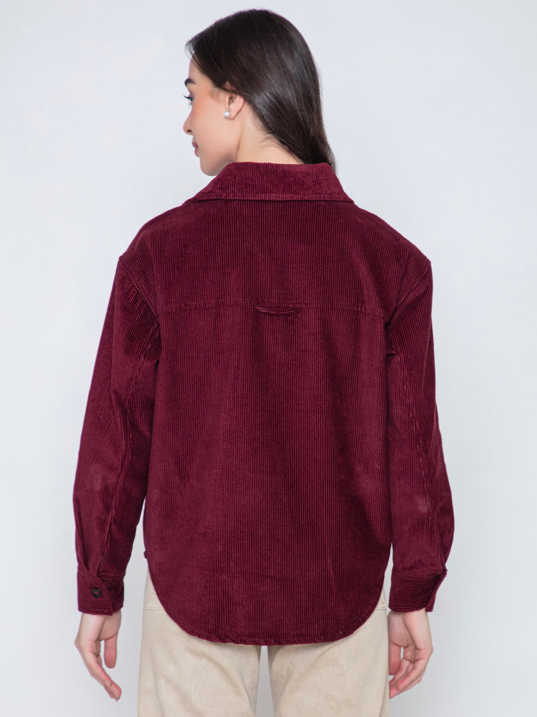 Back view of maroon oversized corduroy shacket