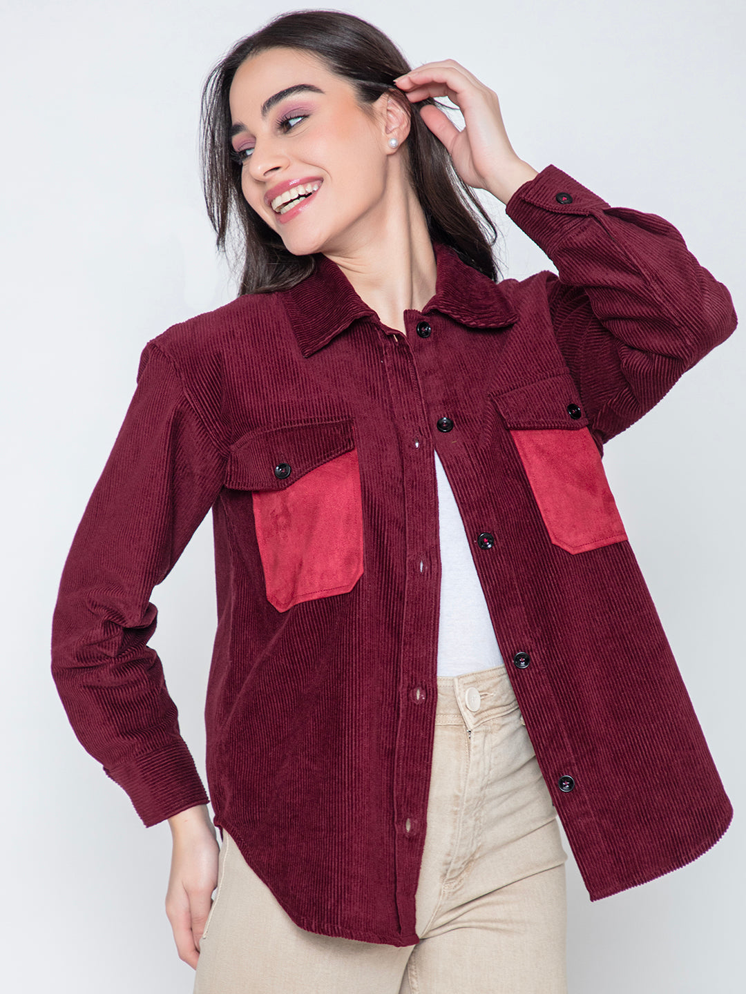 Front view of maroon oversized corduroy shacket for women