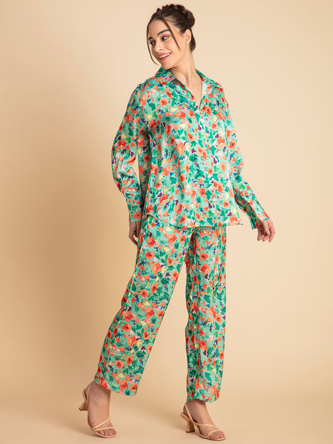 Green floral satin shirt and pants matching set