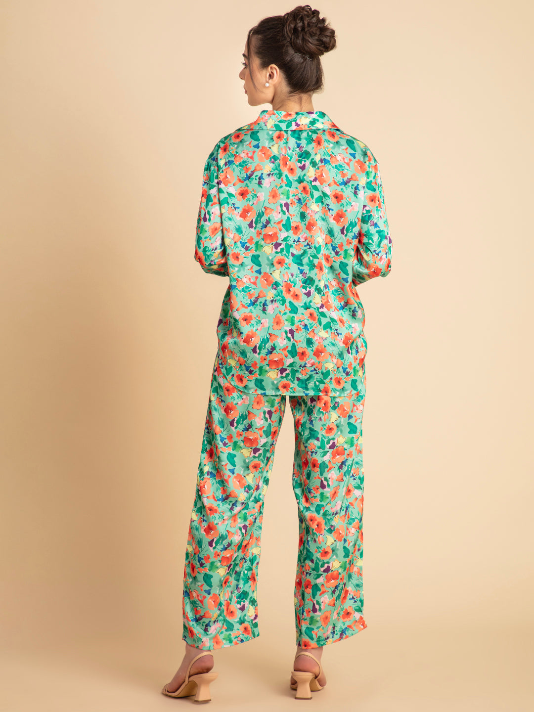 Green floral satin co-ord side view