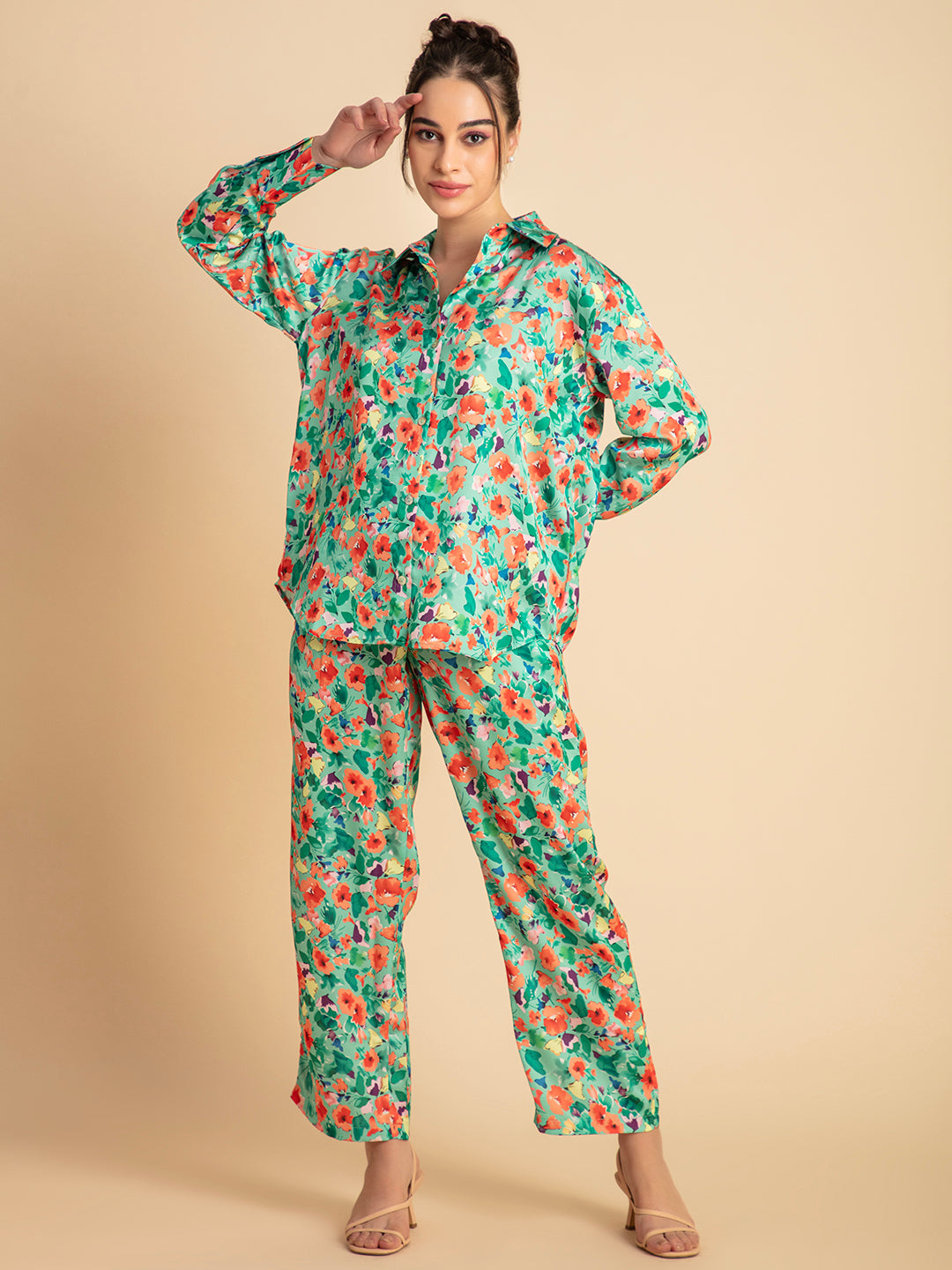 Green floral satin co-ord drape and movement