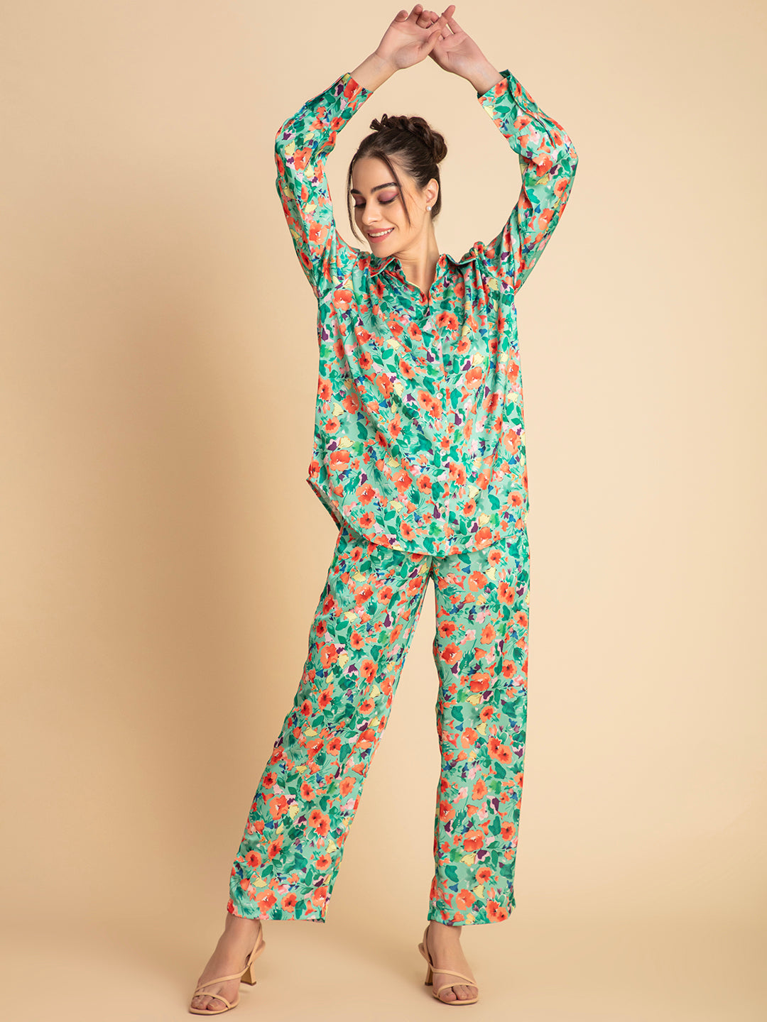 Green floral satin co-ord back view