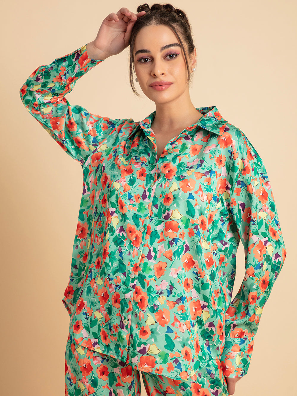 Green floral satin co-ord set front view