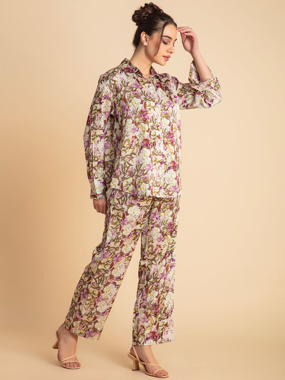Close-up of purple floral satin print
