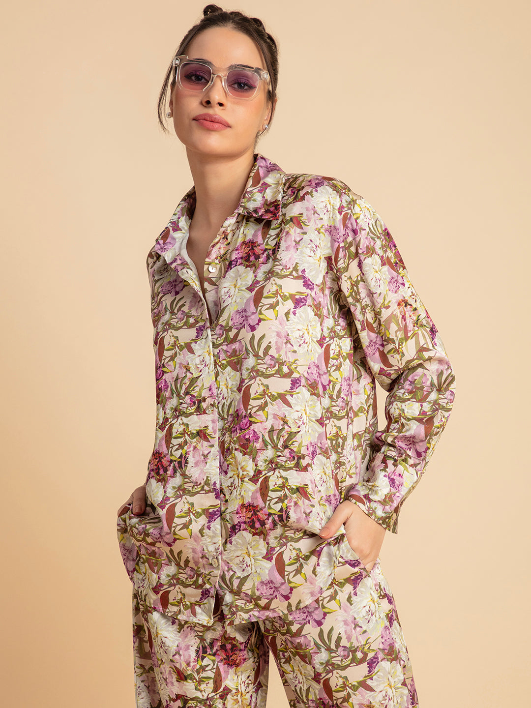 Front view of purple floral satin co-ord set for women