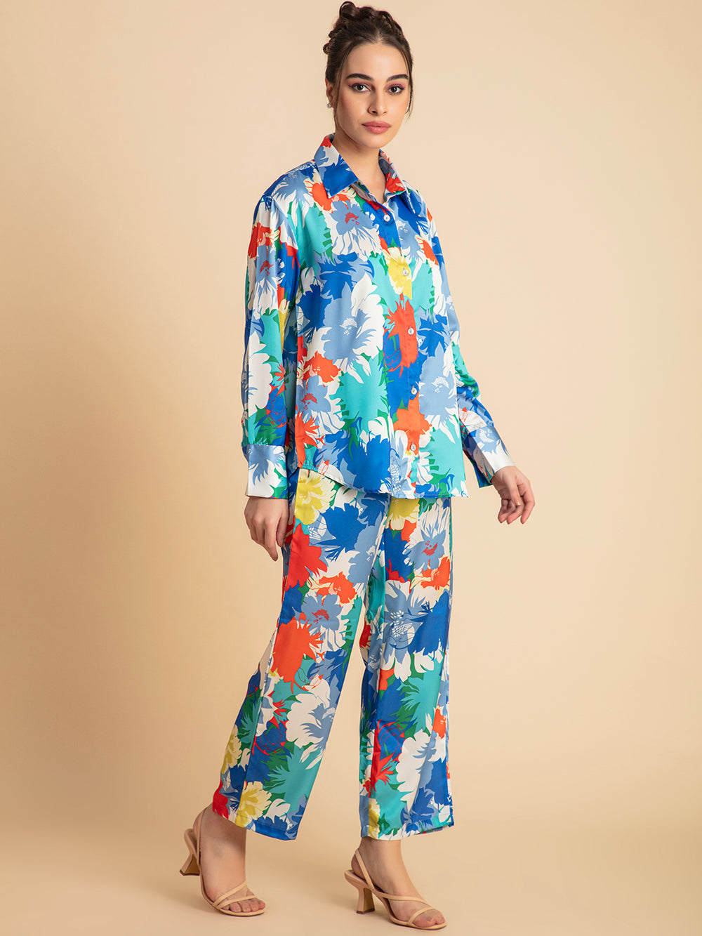 Blue floral satin shirt and pants matching set