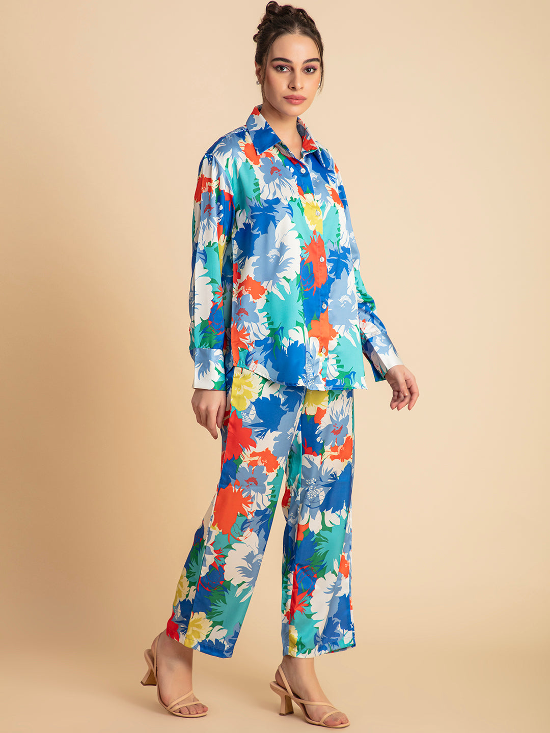 Blue floral satin shirt and pants matching set