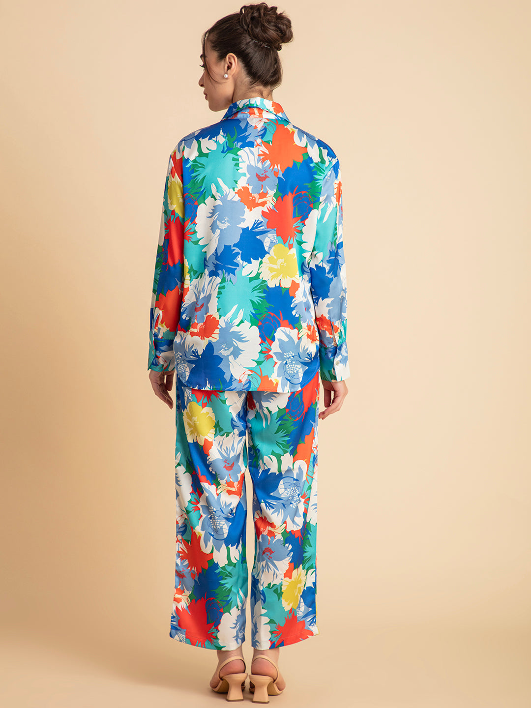 Blue floral satin co-ord close-up of fabric print