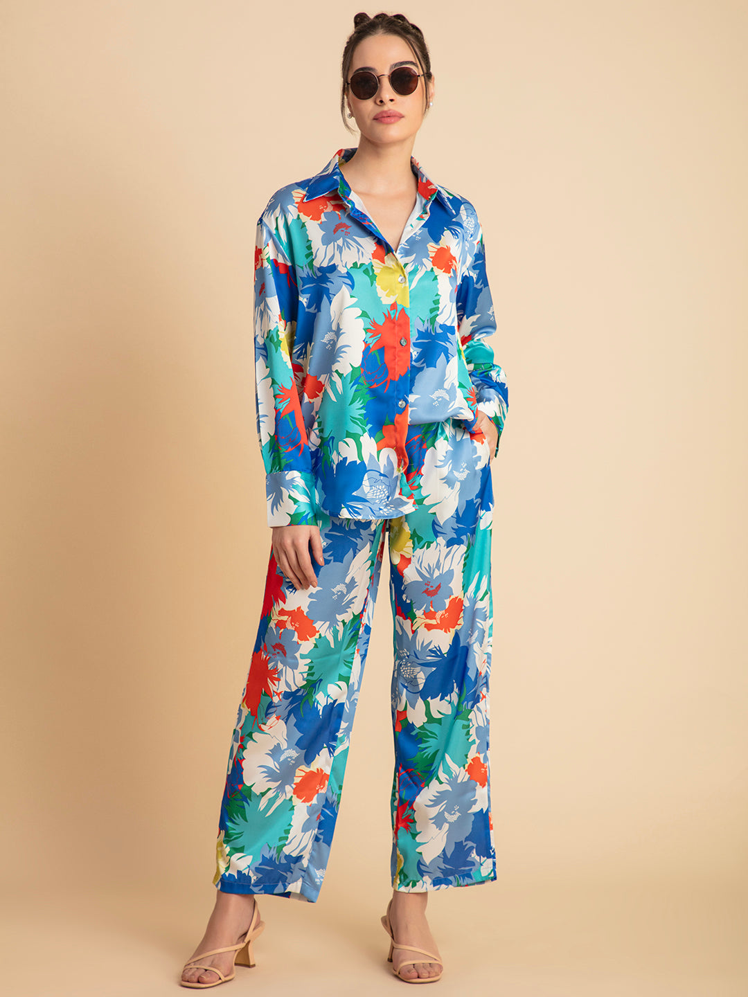 Blue floral satin co-ord drape and movement