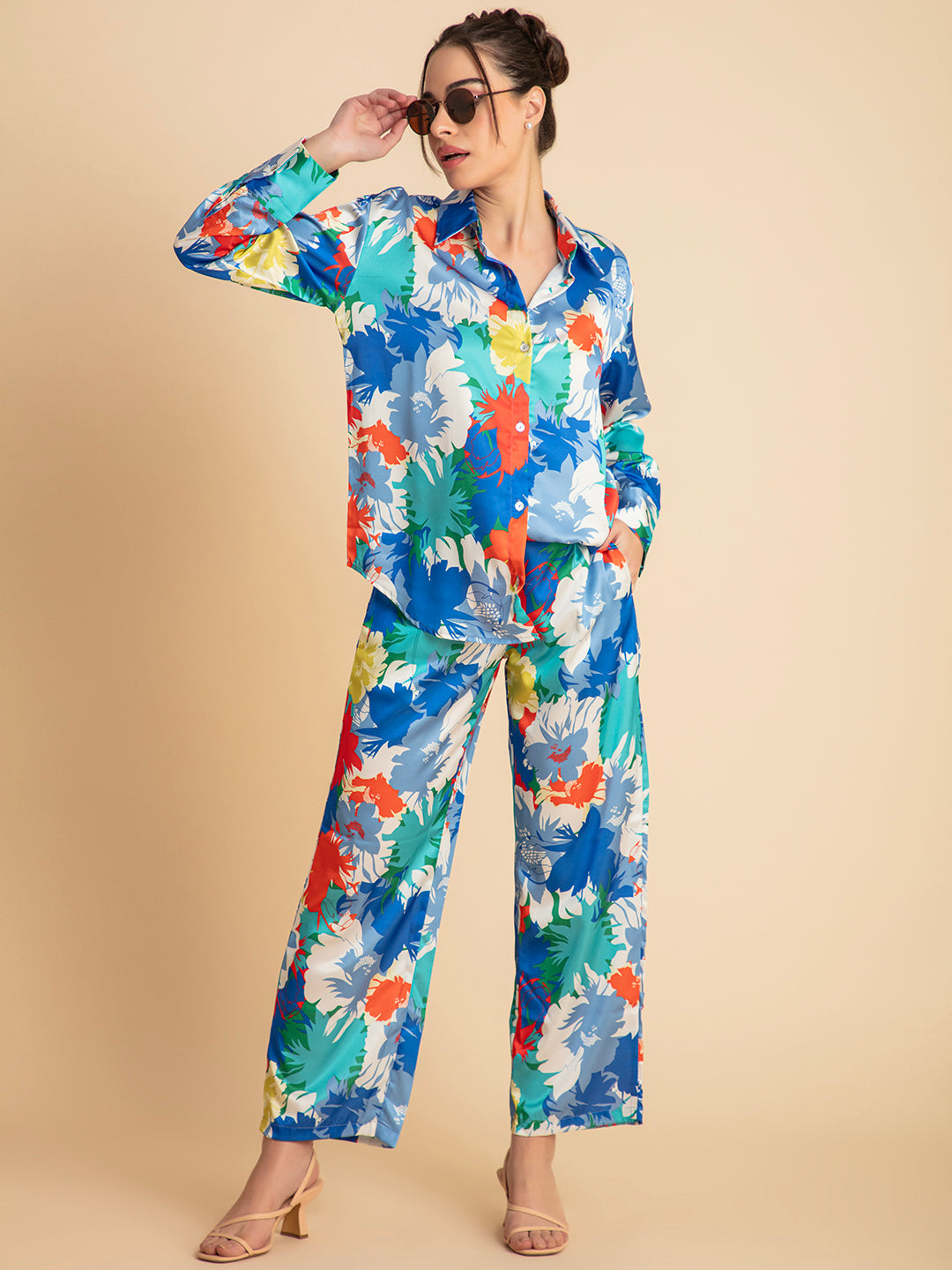 Blue floral satin co-ord back view
