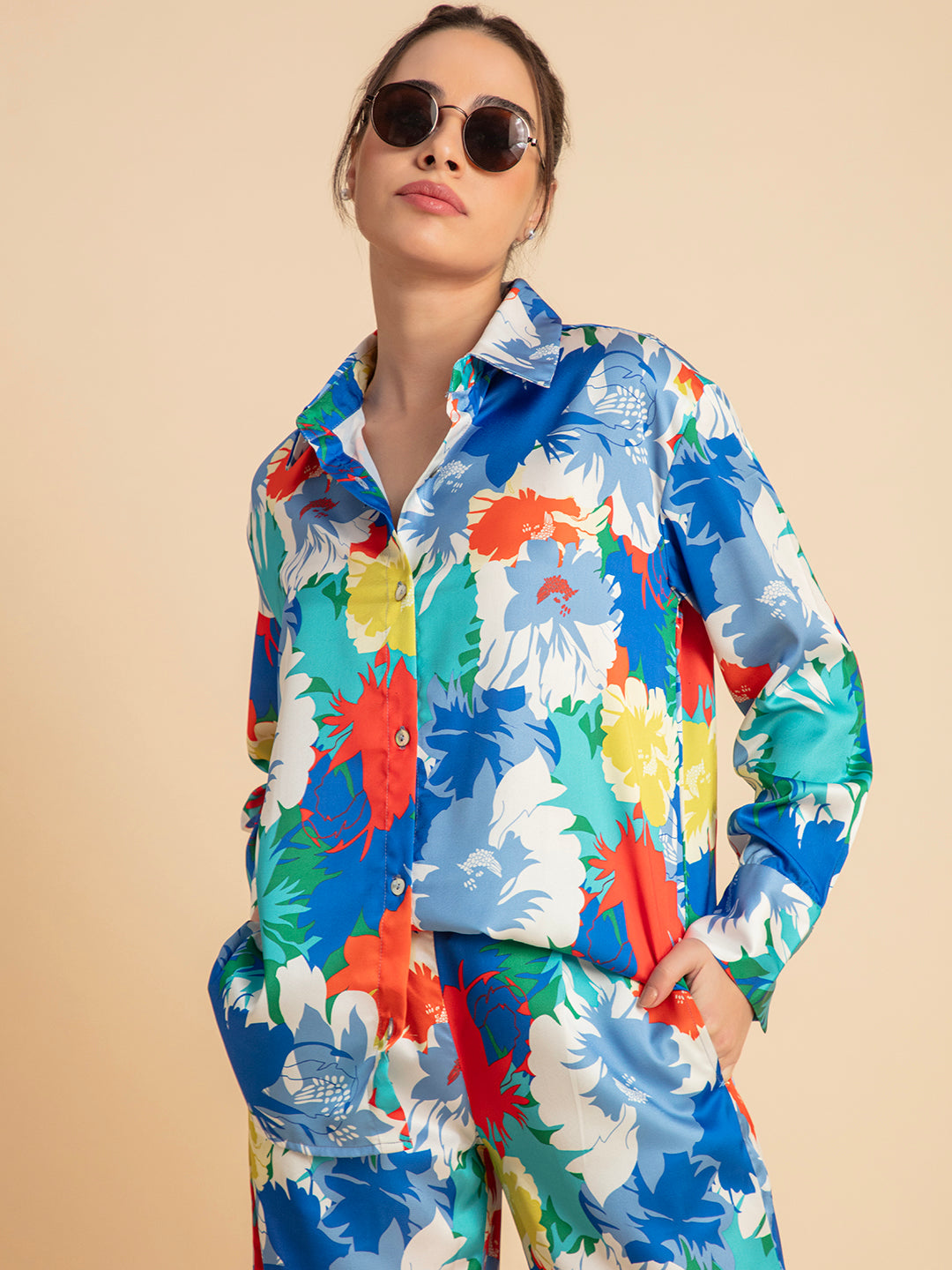 Blue floral satin co-ord set front view