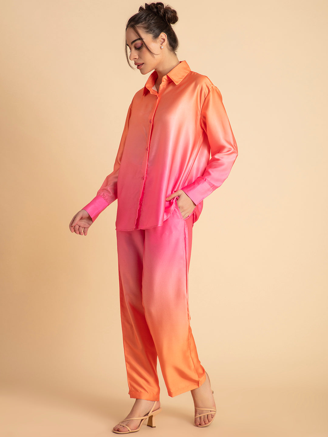 Back view of pink ombre satin co-ord set