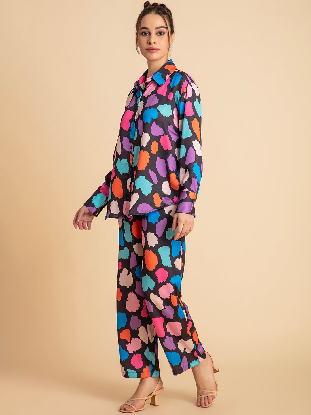 Multi print satin co-ord side view