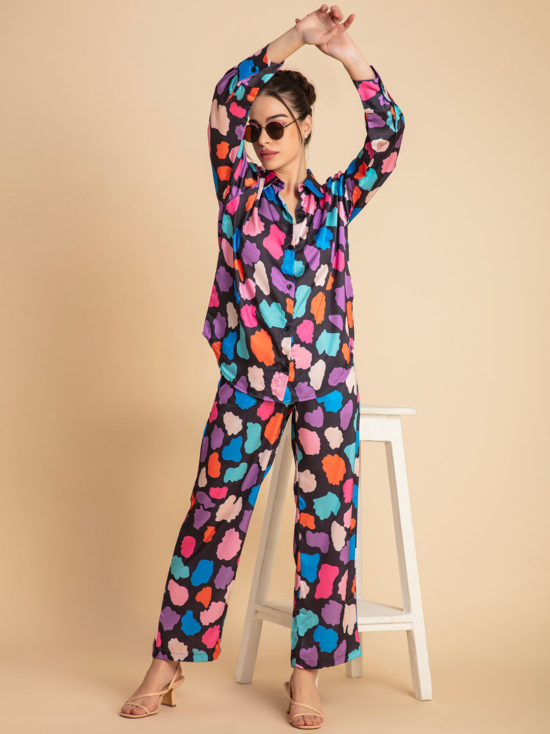 Multi print satin co-ord set front view