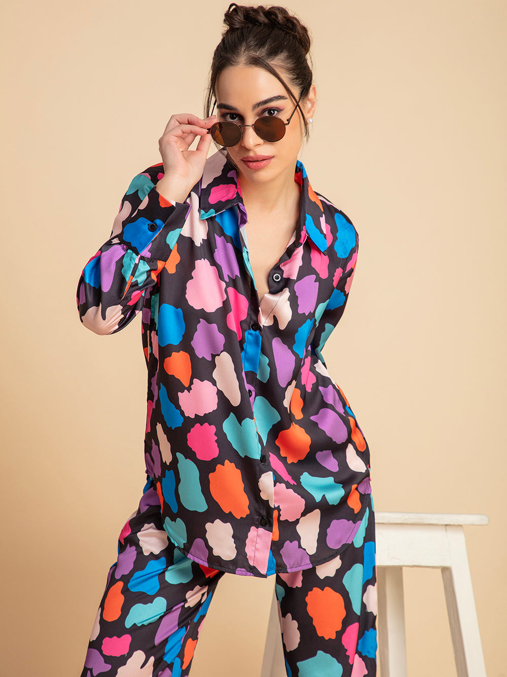 Multi print satin shirt and pants matching set
