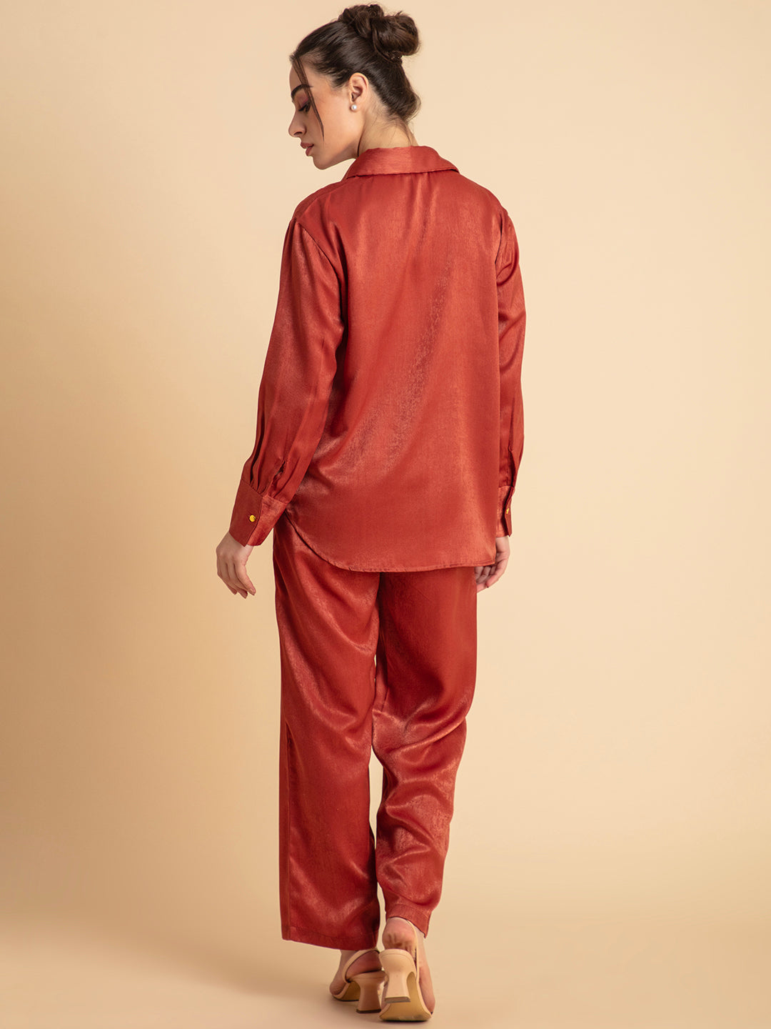 Back view of maroon satin co-ord set
