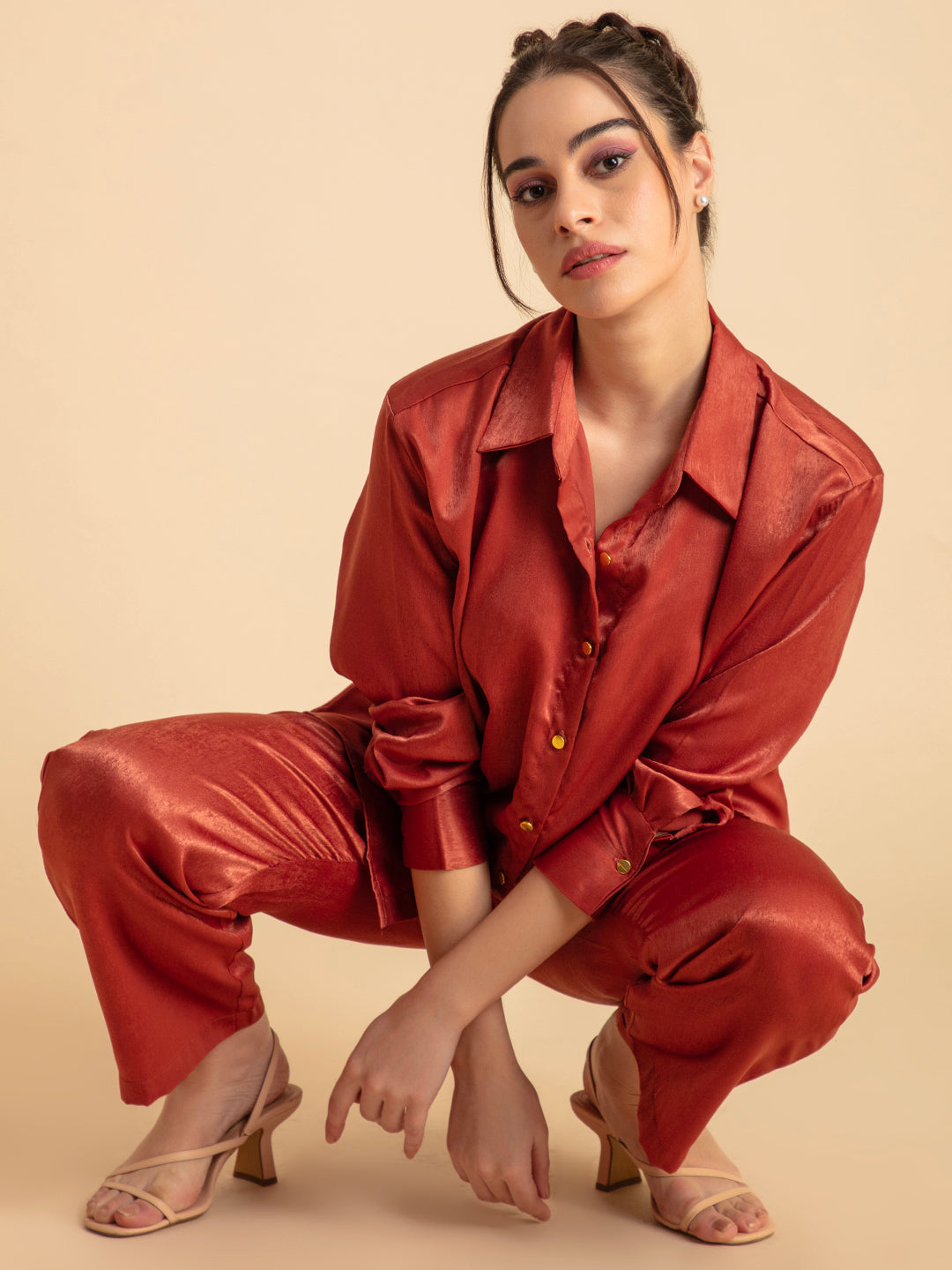 Front view of maroon satin co-ord set with shirt and trouser