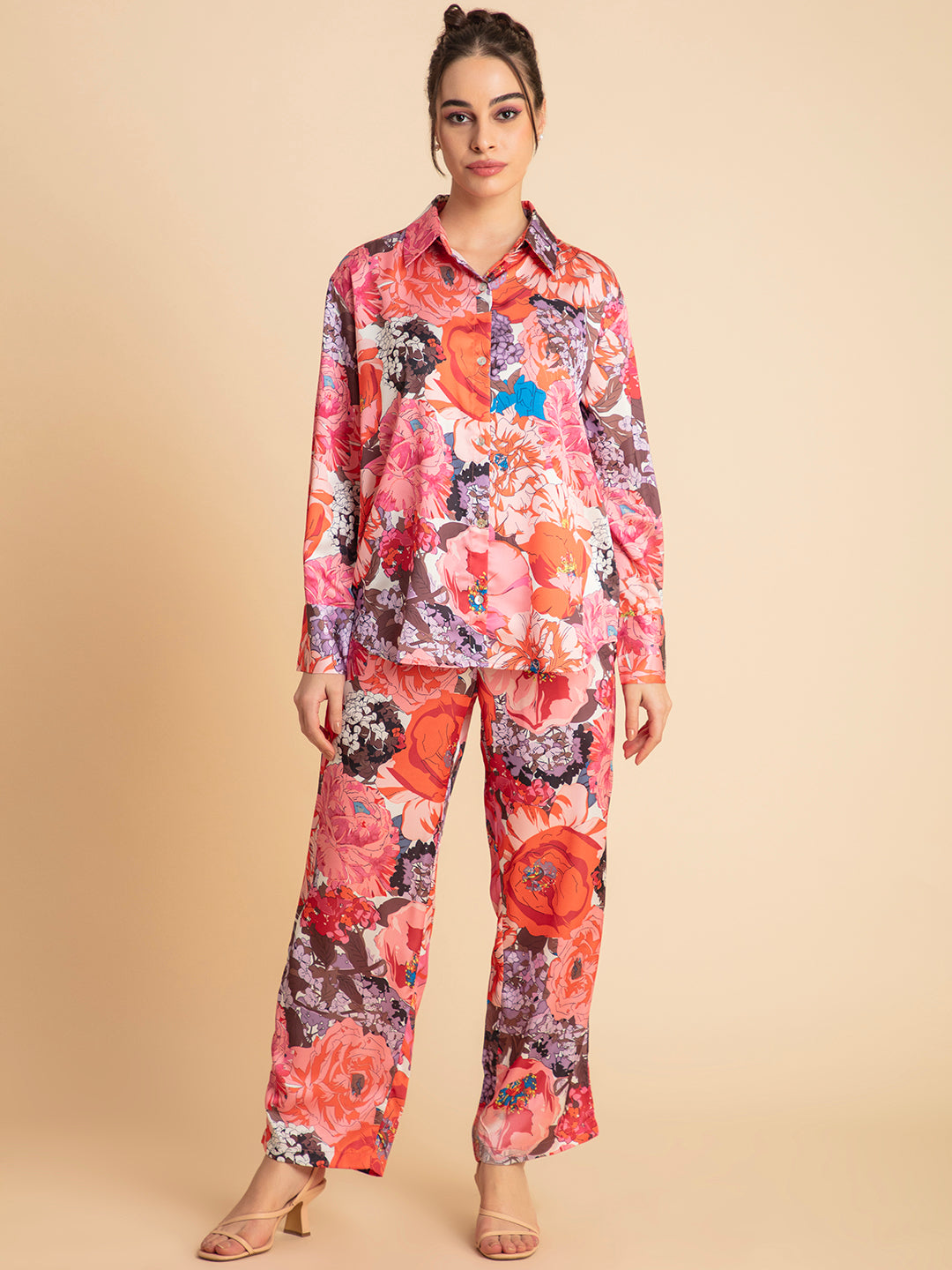 Pink and orange floral satin co-ord close-up of fabric