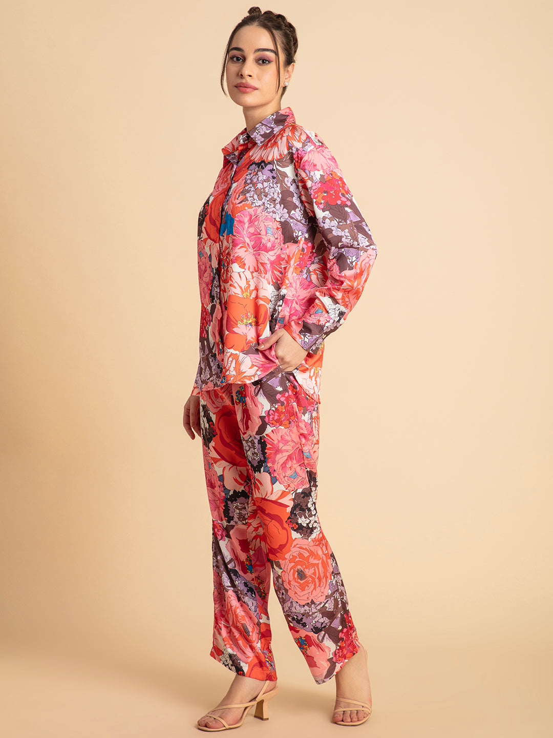 Pink and orange floral satin co-ord side view