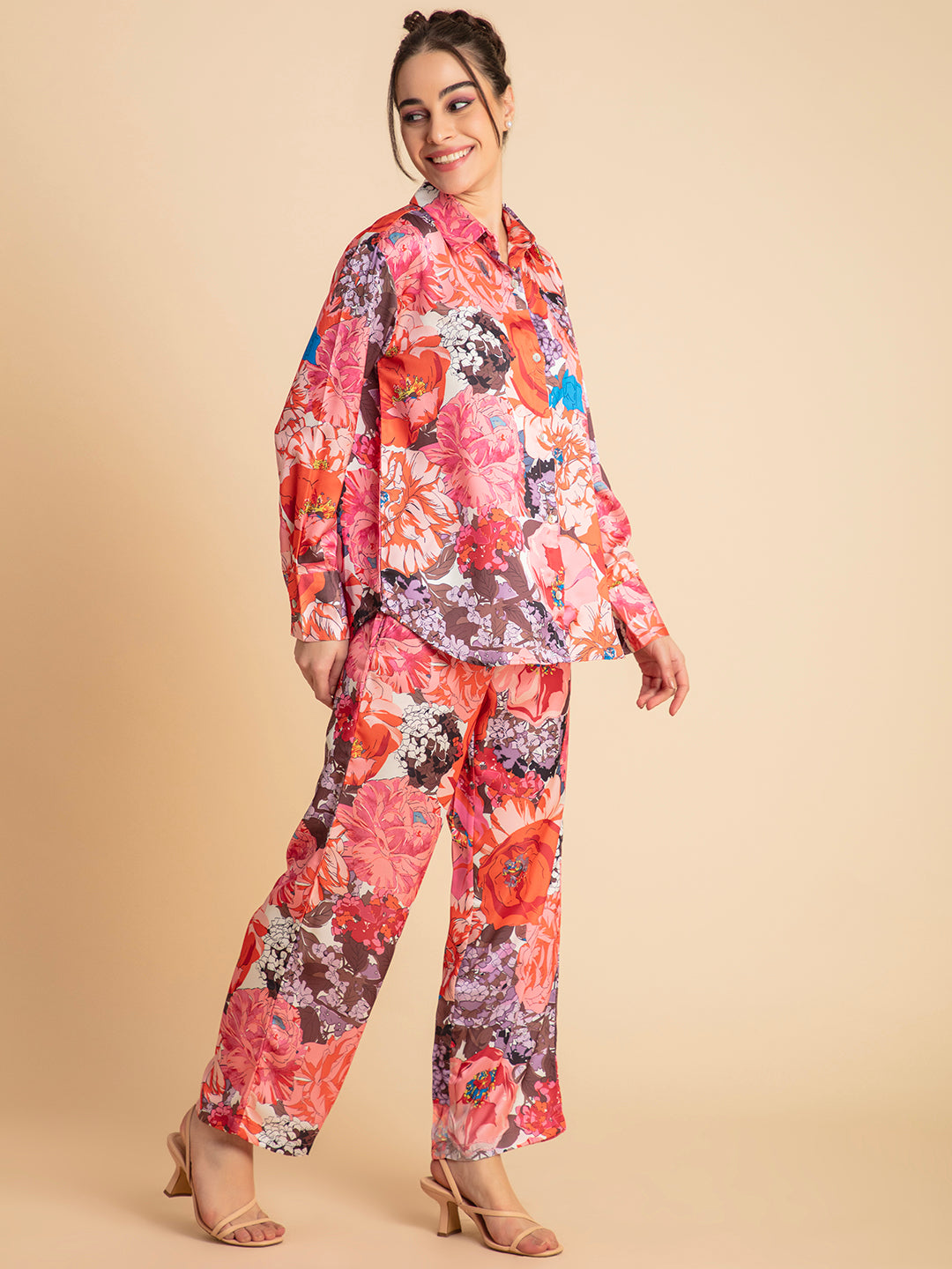 Pink and orange floral satin co-ord drape