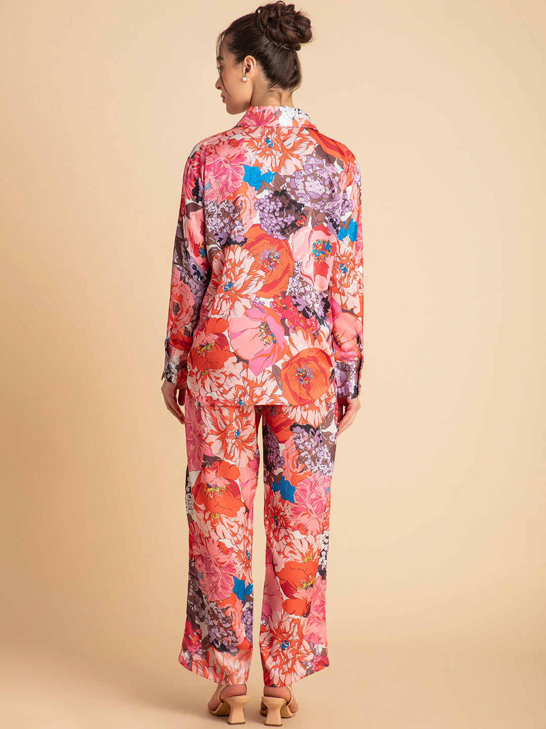 Pink and orange floral satin co-ord back view