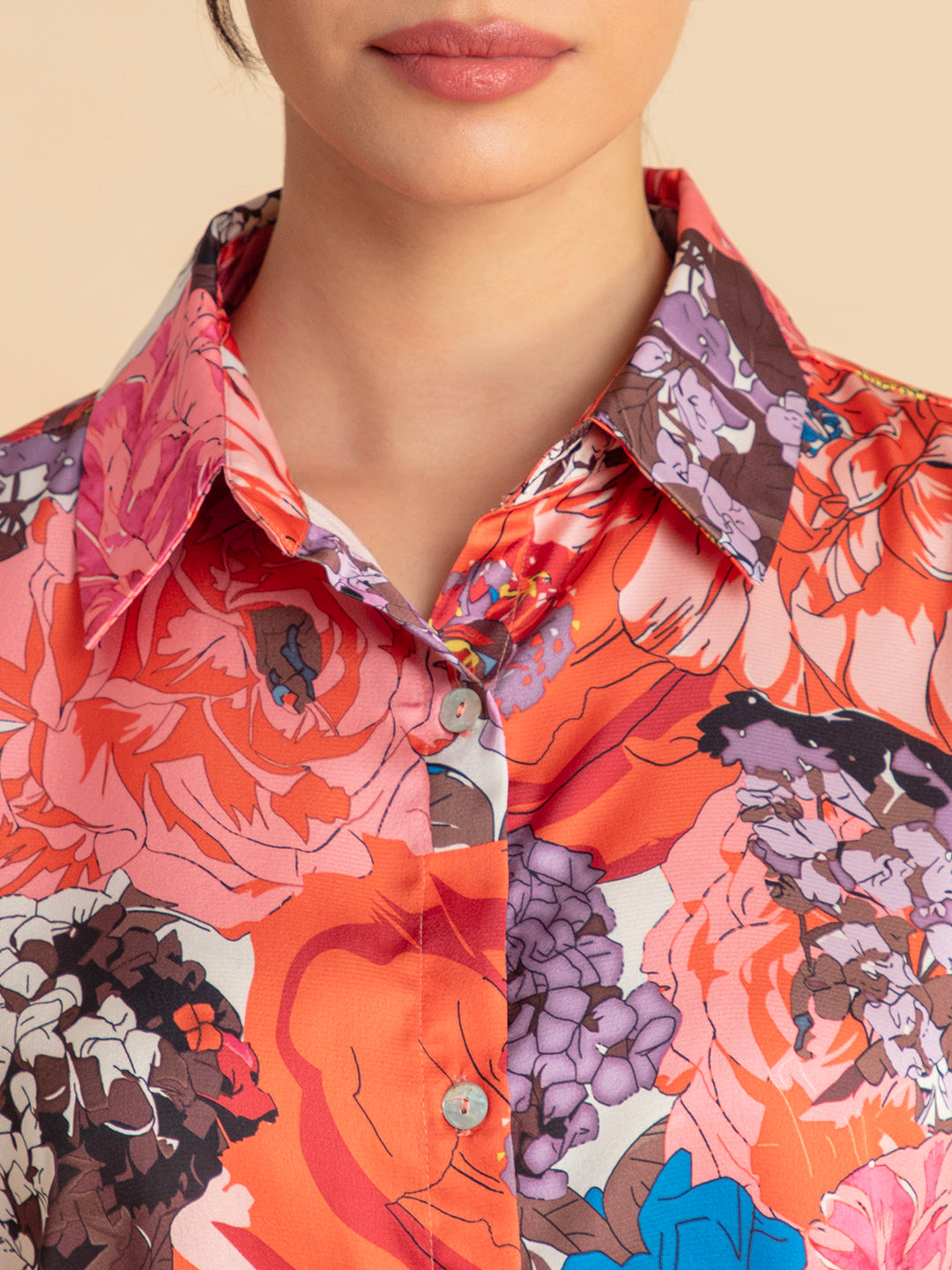 Pink and orange floral satin co-ord cuff detail
