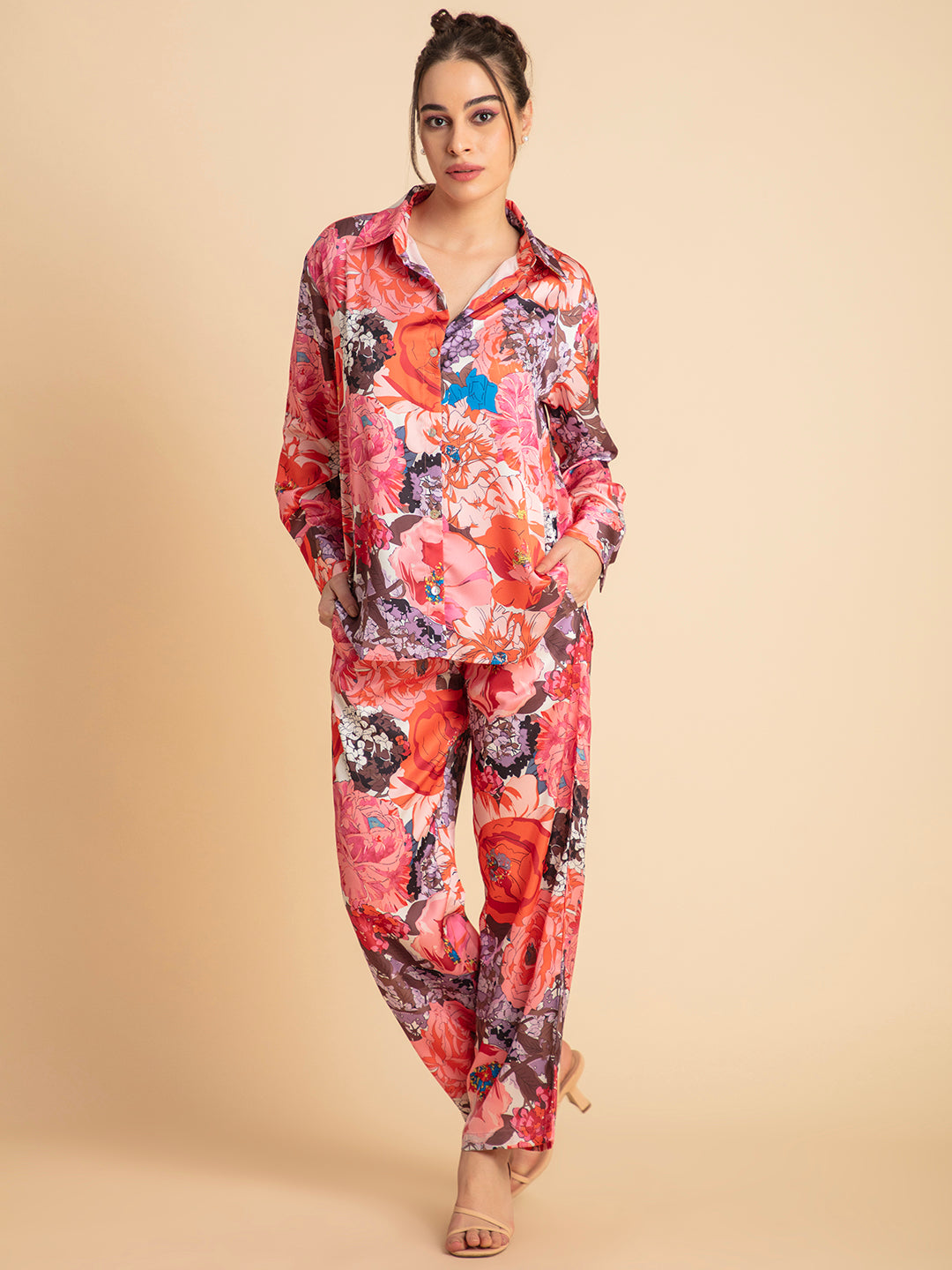 Pink and orange floral satin co-ord styled outfit