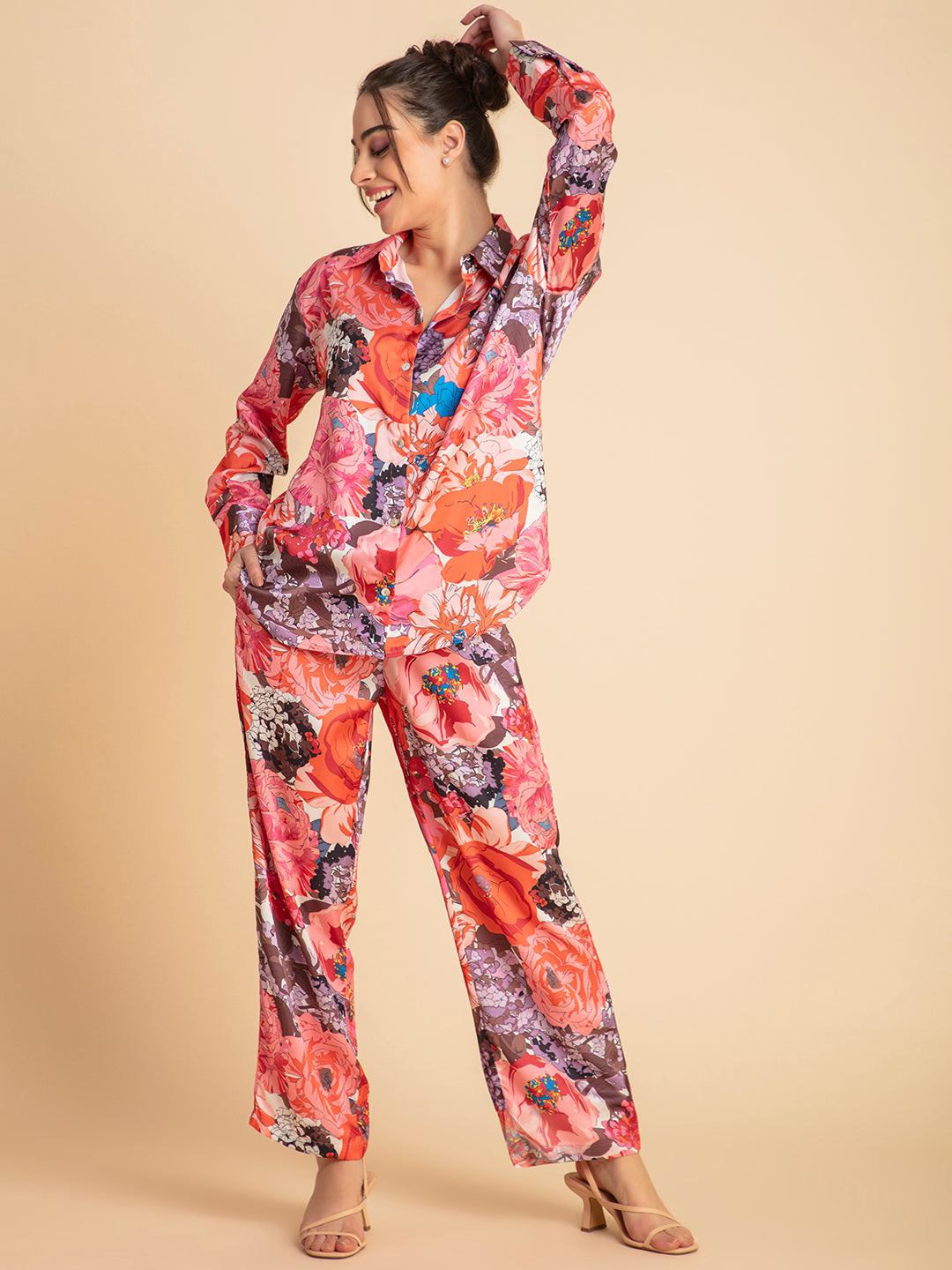 Pink and orange floral satin shirt and pants set