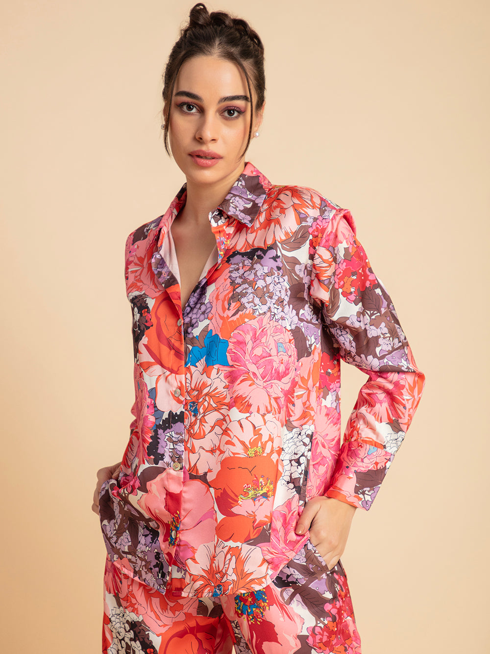 Pink and orange floral satin co-ord front view