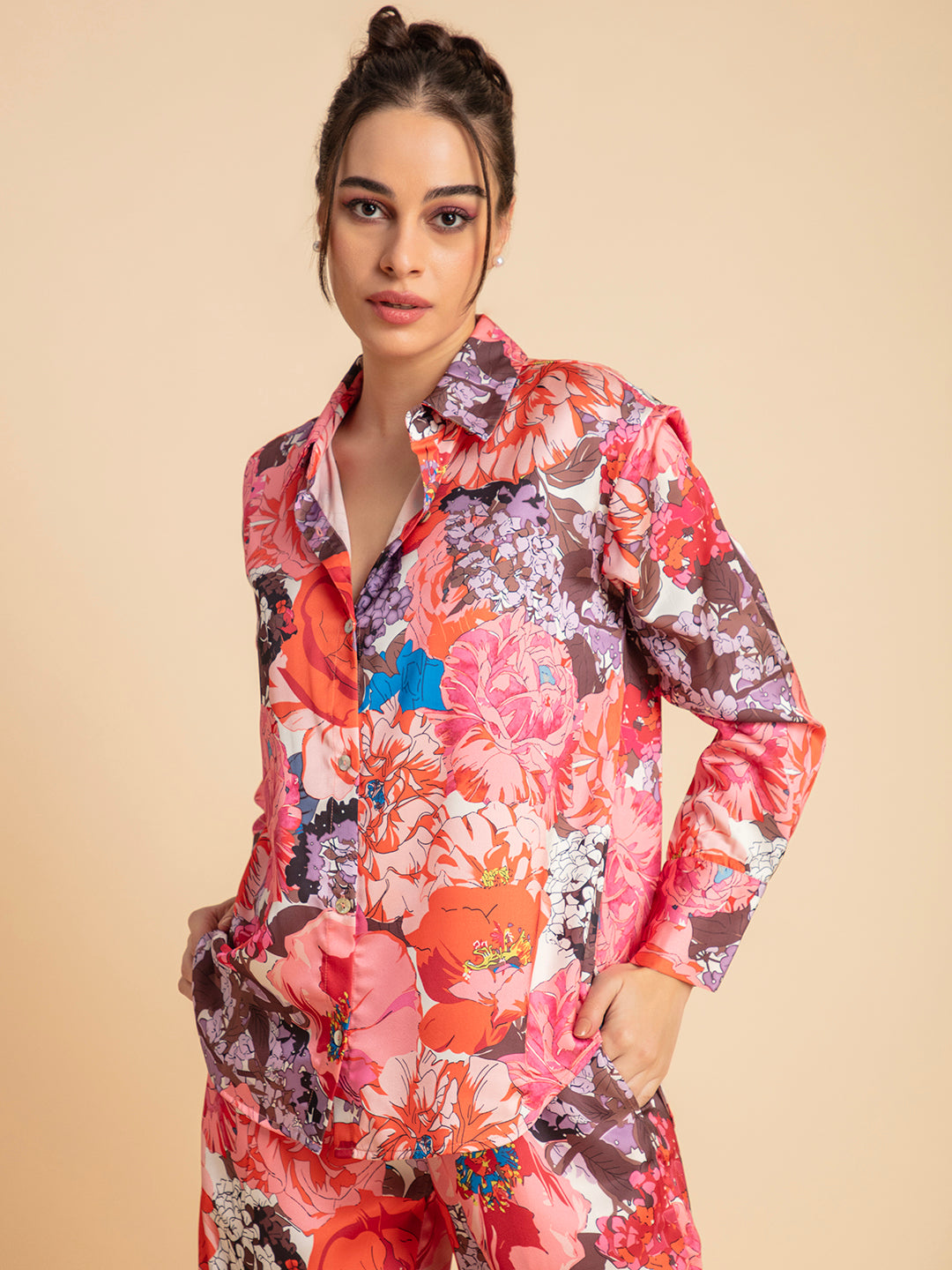 Pink and orange floral satin co-ord front view