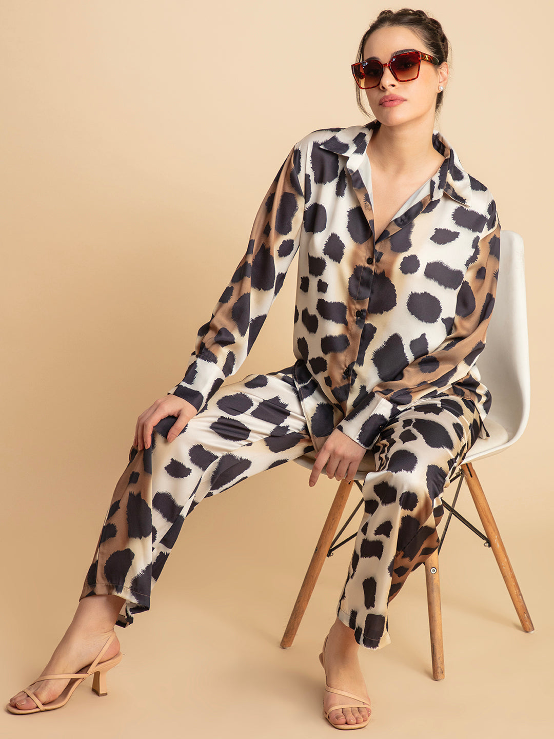 Animal print satin shirt and pants matching set