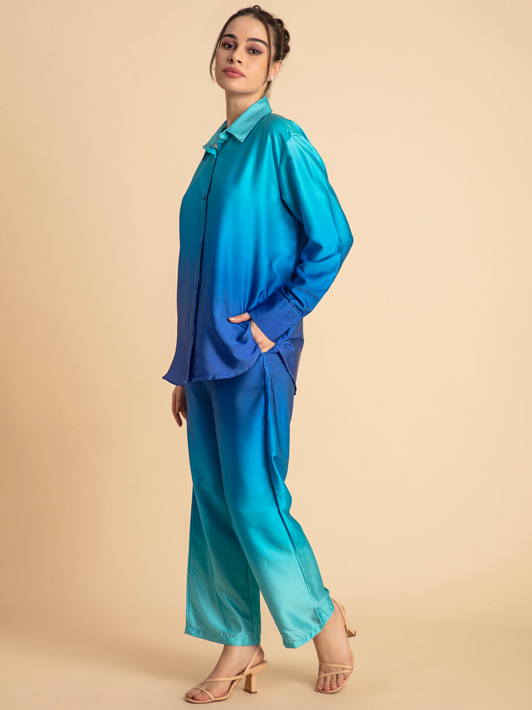 Detail of shirt collar on blue ombre satin