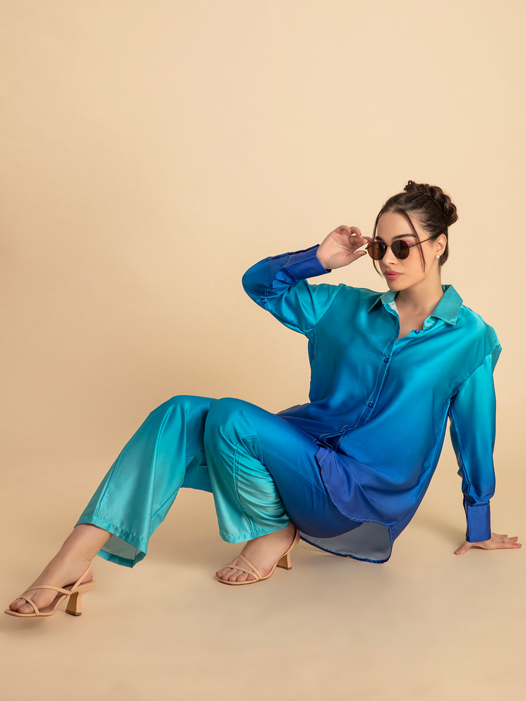 Back view of blue ombre satin co-ord set