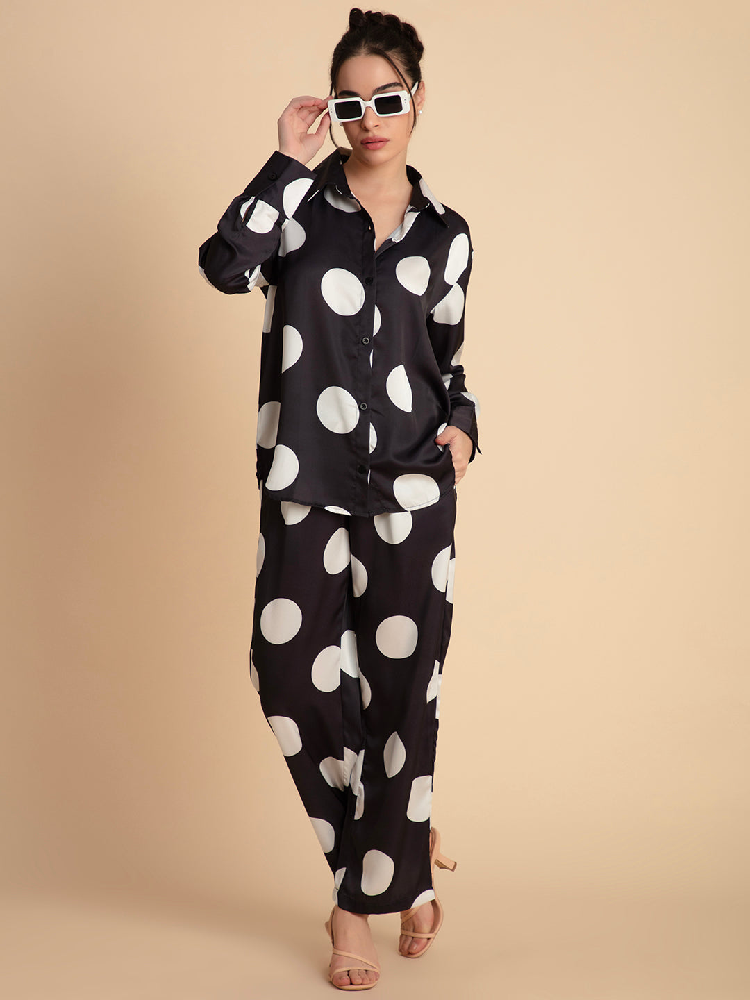 Back view of polka dot satin co-ord set