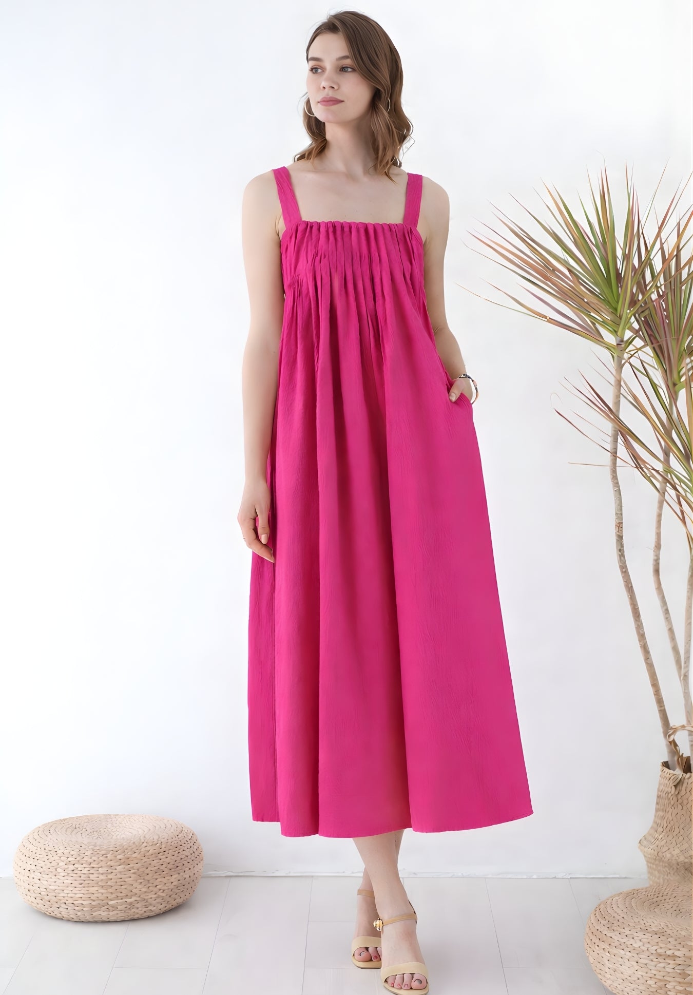 Pink cotton smocked waist dress side detail