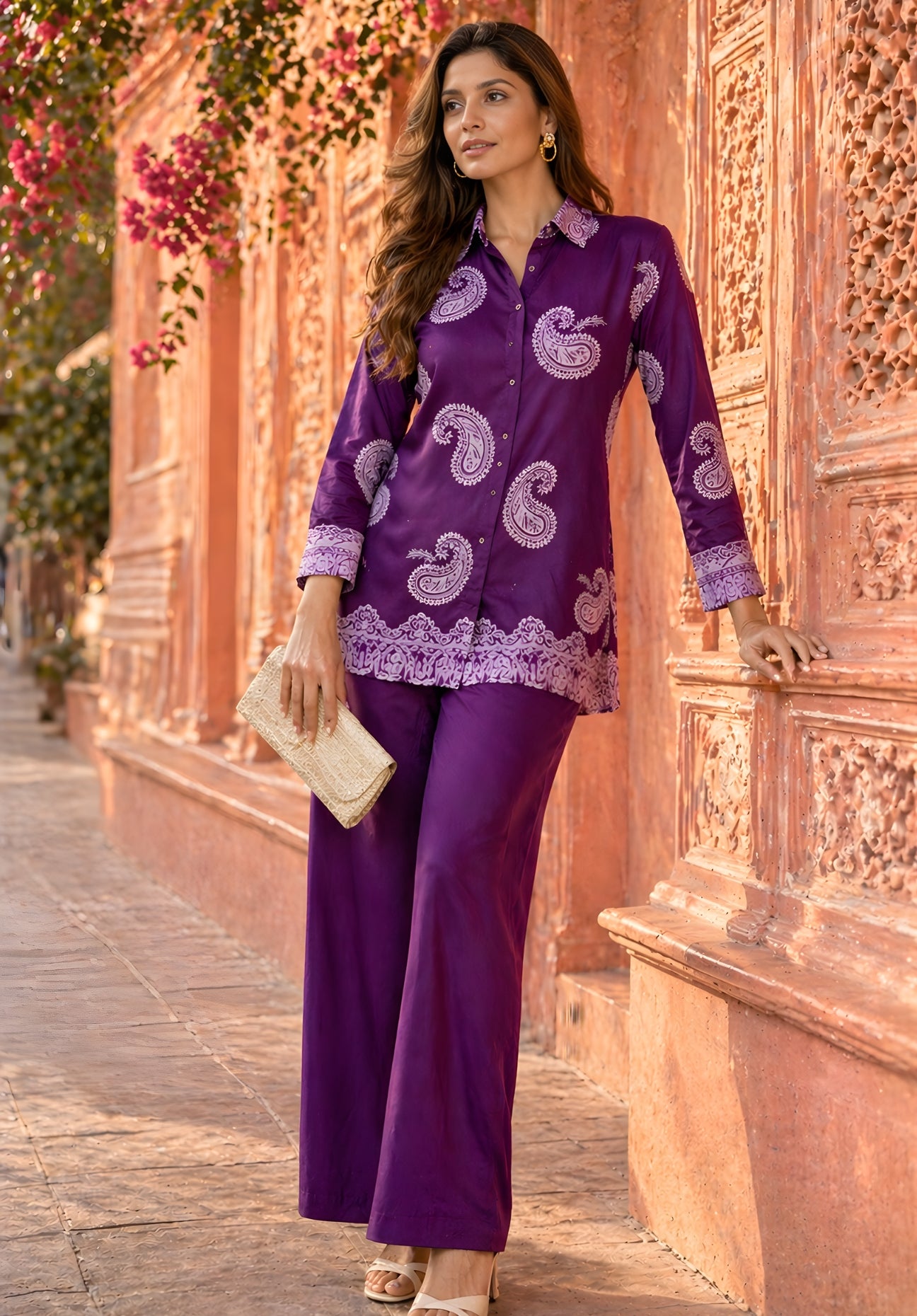 Close-up of puff print detail on purple satin co-ord shirt