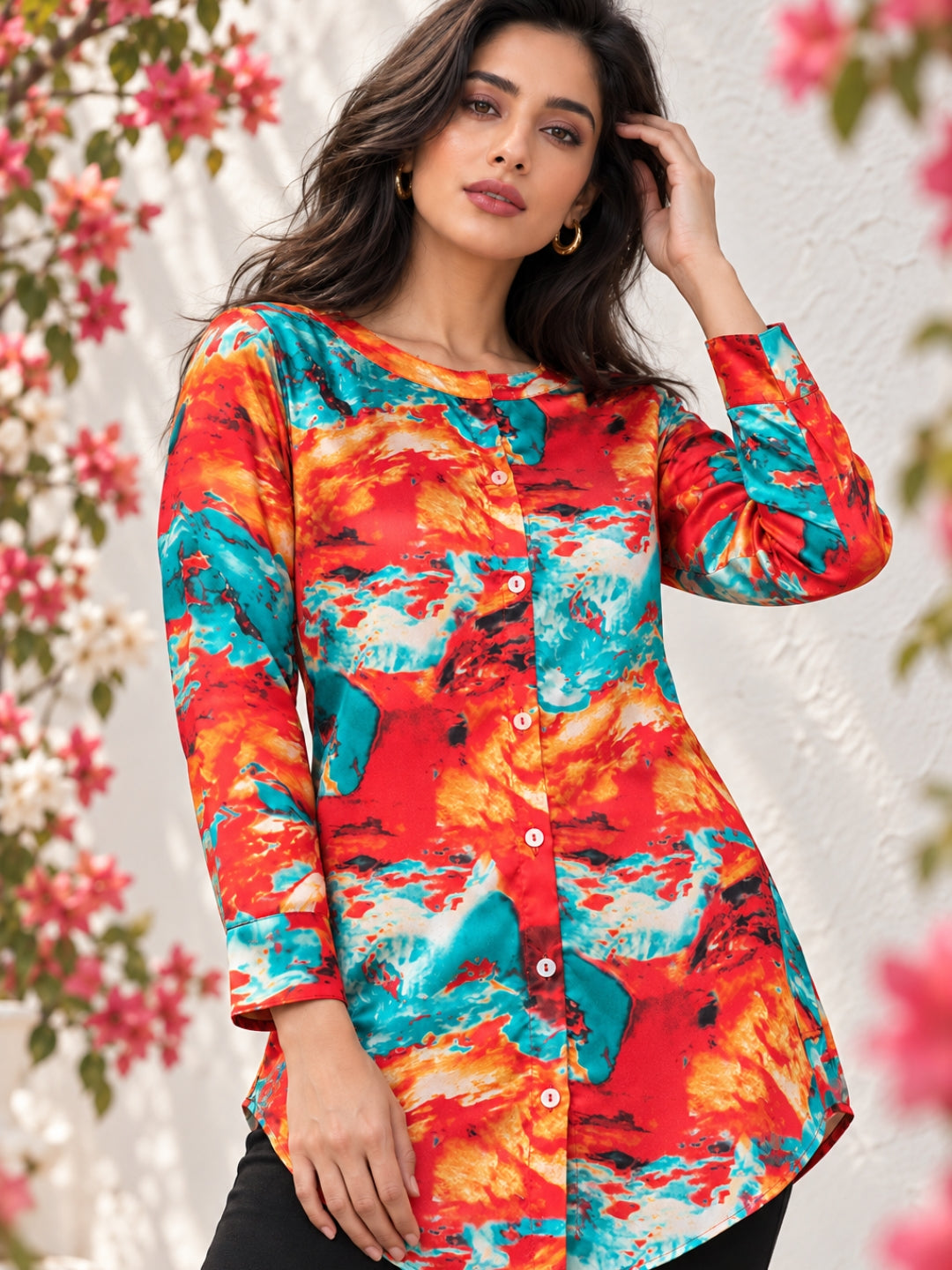 Red Printed Satin Kurta Shirt