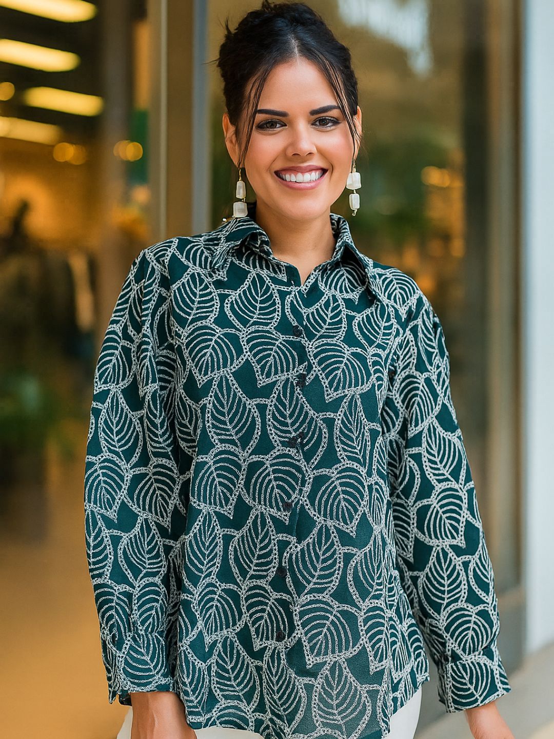 Green schiffli embroidered cotton shirt for women hero shot