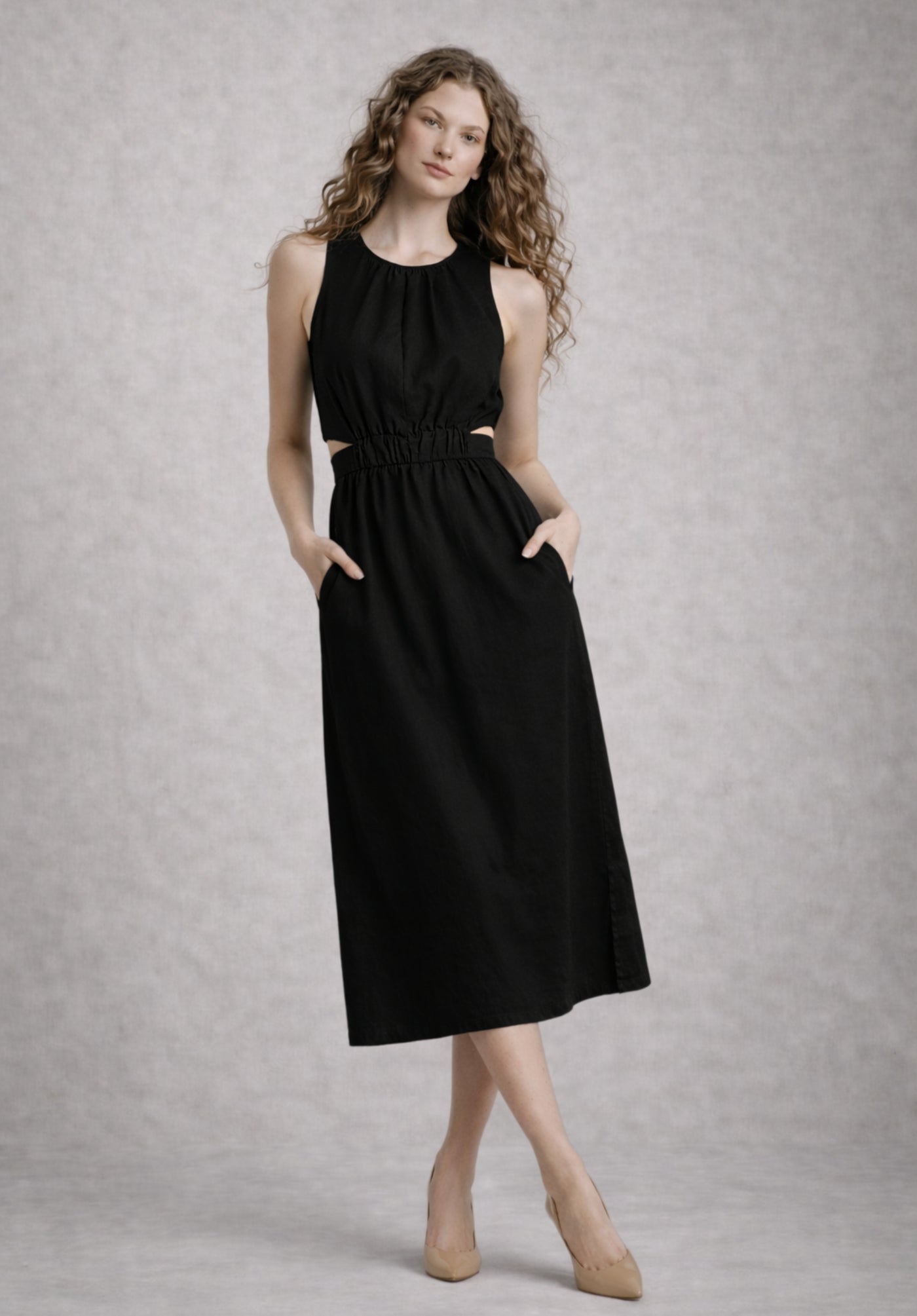 Back view of black pure cotton A-line dress
