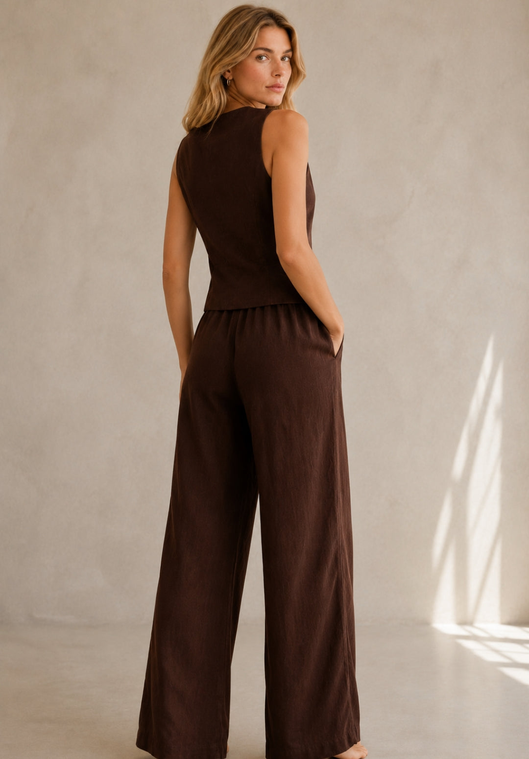 Brown Linen Solid Vest Top with Palazzos Co-ord Set